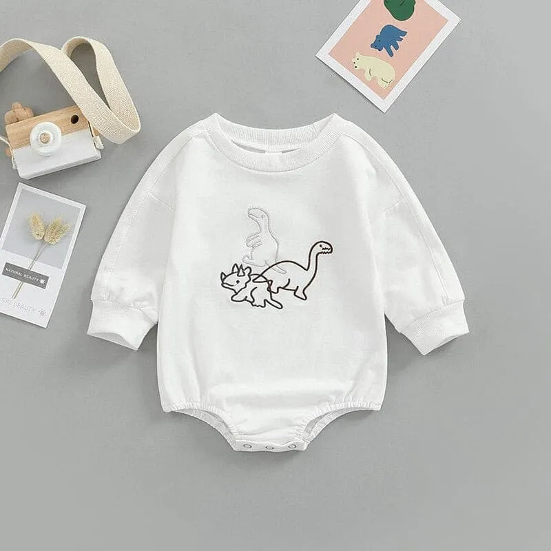 Dino Embroidered - Cotton Long Sleeve Dinosaur Embroidery Sweater Romper