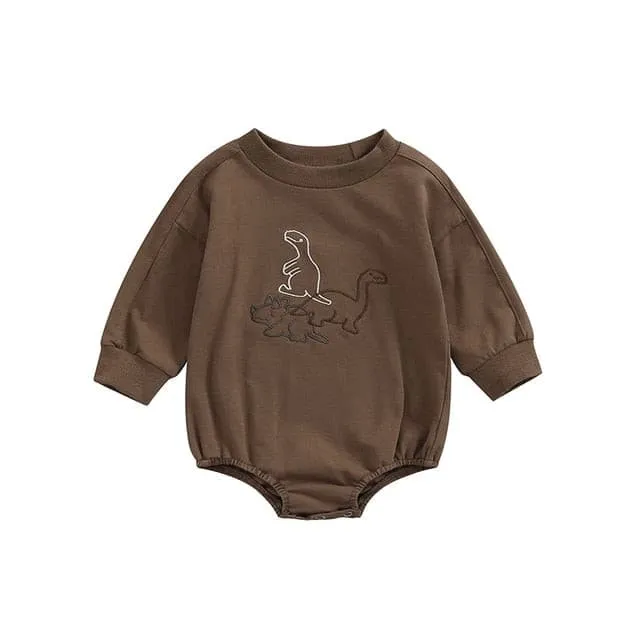 Dino Embroidered - Cotton Long Sleeve Dinosaur Embroidery Sweater Romper