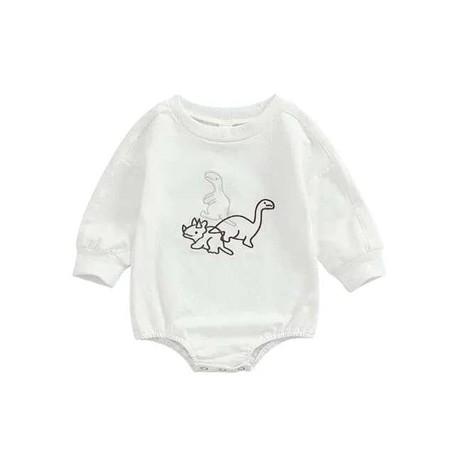 Dino Embroidered - Cotton Long Sleeve  Dinosaur Embroidery Sweater Romper