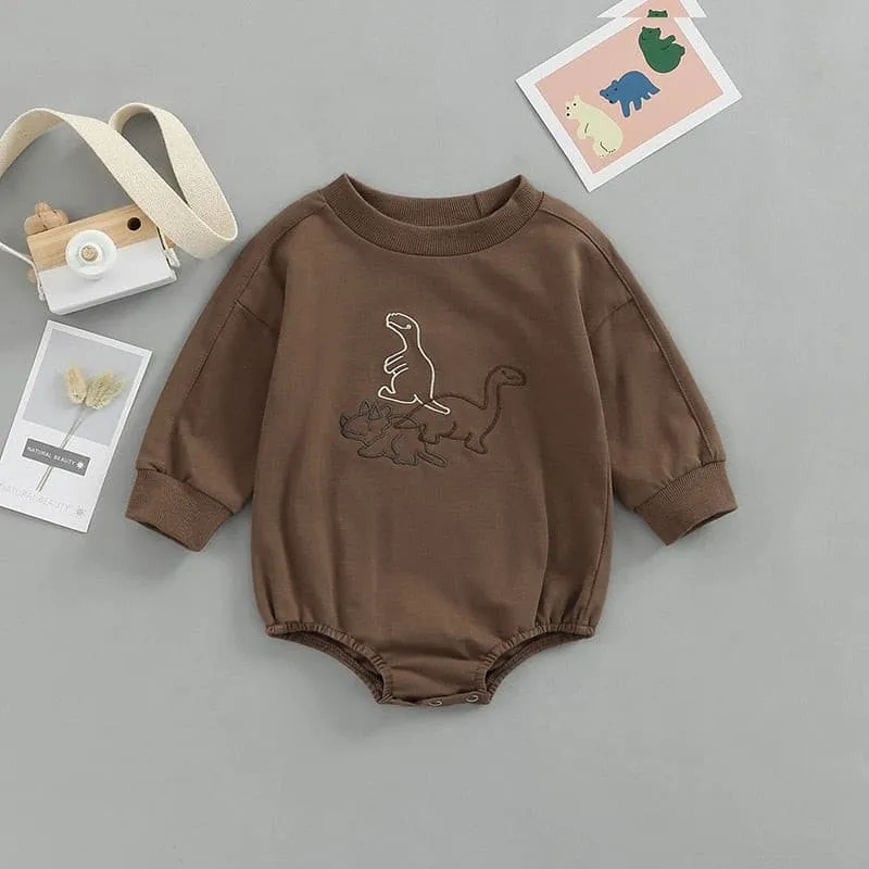Dino Embroidered - Cotton Long Sleeve Dinosaur Embroidery Sweater Romper