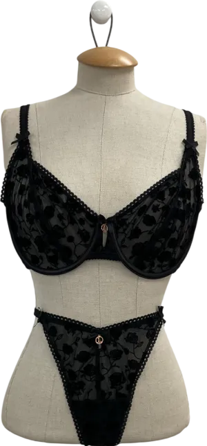 Lounge Underwear Black Flocked Floral Balcony Set UK 38G