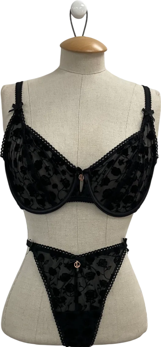 Lounge Underwear Black Flocked Floral Balcony Set UK 38G
