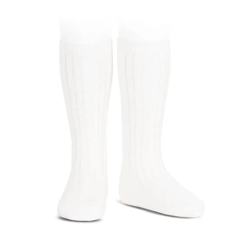 White Wide Ribbed Knee High Spanish Socks